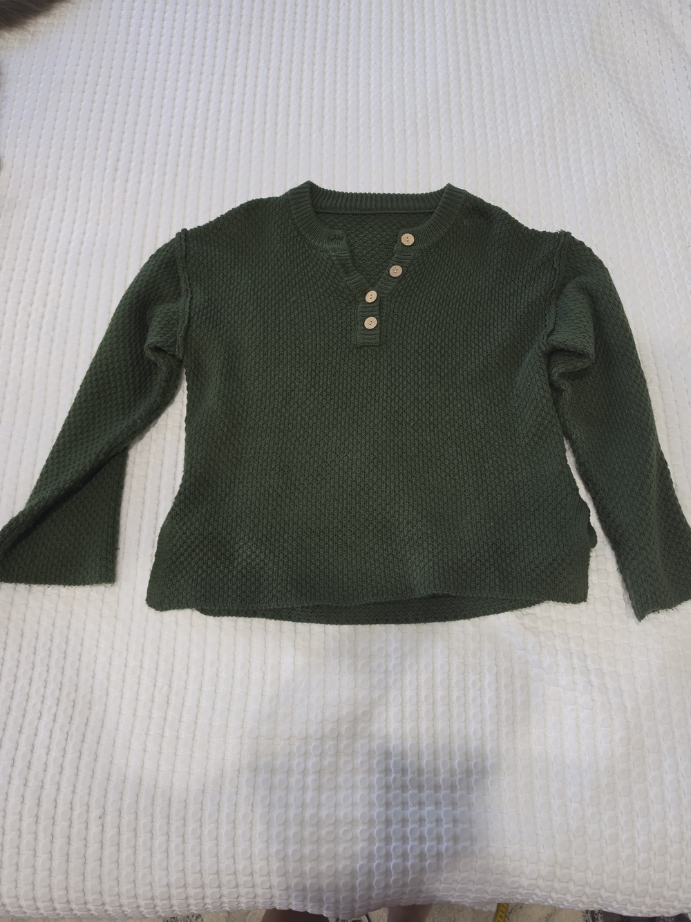 Dark Green Ruffle Shoulder Henley Knit Sweater Small